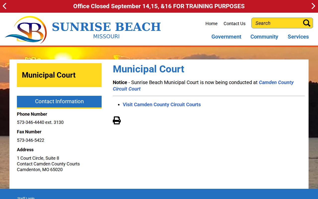 Camden County traffic warrant Sunrise Beach court notice